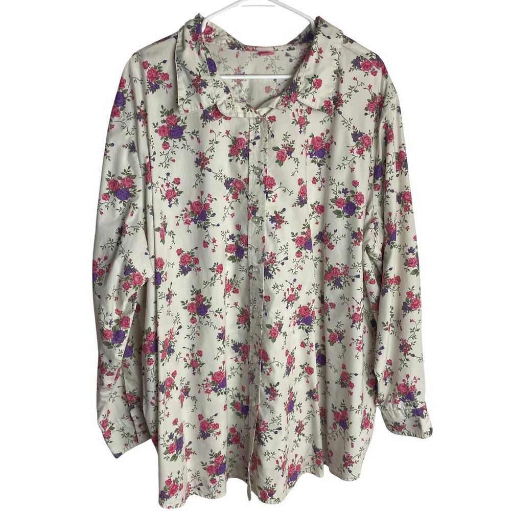Woman Within Womens Floral Button Up Shirt Size 3X White Pink Rose Cottagecore